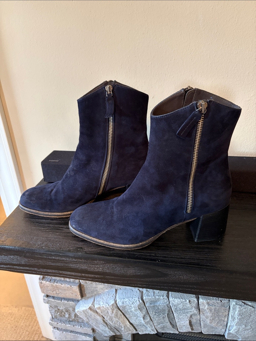 Navy Suede Zip-Front Ankle Booties
